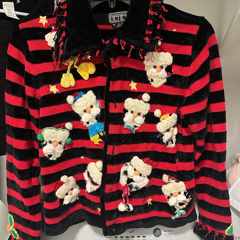 Black and Red Striped Sweater with Bear Embellishments